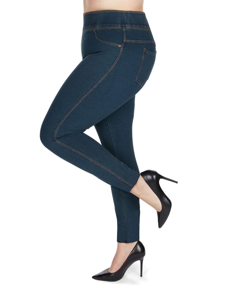 Side of a model wearing a size L-XL Cotton Blend Denim Shaping Jean Leggings in Blue by Memoi. | dia_product_style_image_id:299710